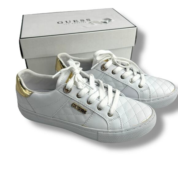 Guess Shoes - NEW Guess White Sneakers 7.5 Gold Embellished Loven Lace Up Sneakers Quilted